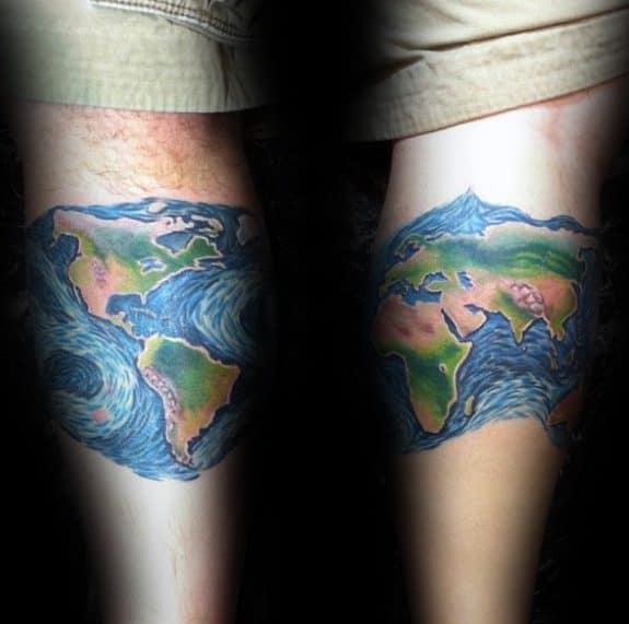 World Map Starry Night Themed Guys Leg Band Tattoo