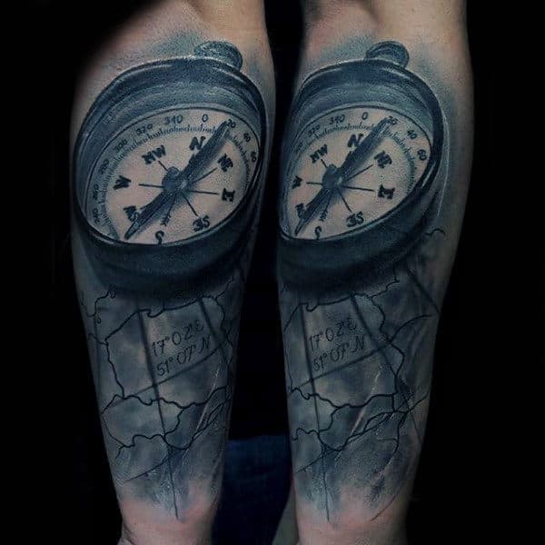World Map With Compass Forearm Sleeves Tattoo For Men