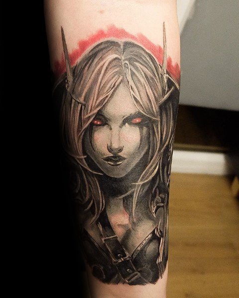 Black and grey tattoo of Sylvanas Windrunner from World of Warcraft, featuring glowing red eyes, sharp details, and a subtle red aura, inked on the forearm.
