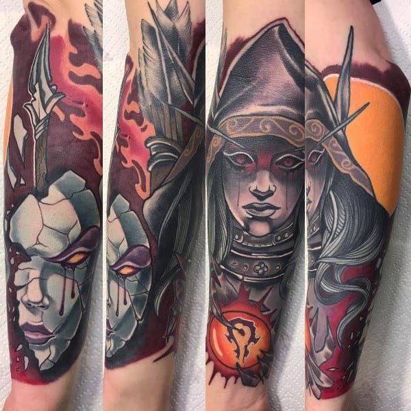 Detailed tattoo sleeve of Sylvanas Windrunner from World of Warcraft, featuring her hooded figure, glowing eyes, shattered mask, and fiery red background.