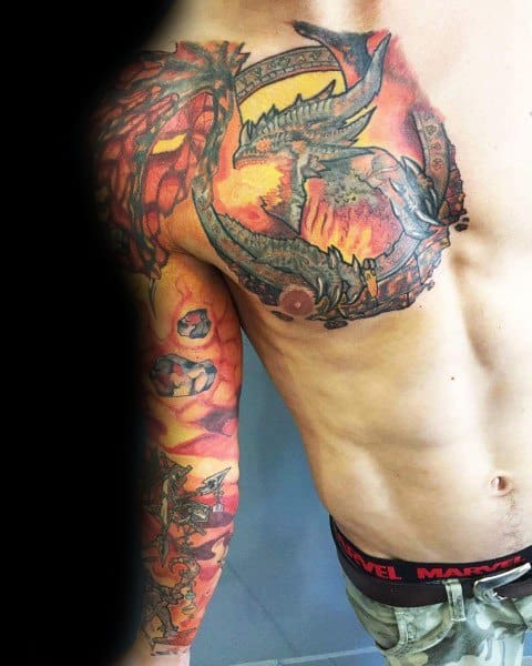 Vibrant chest and sleeve tattoo of Deathwing from World of Warcraft, featuring fiery colors, molten lava, and intricate dragon details.