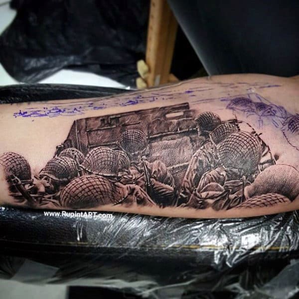 World War Mens Bicep Army Soliders Tattoo