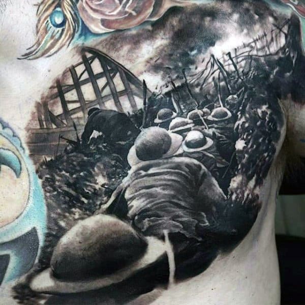 World War Trenches Black Ink Mens Military Chest Tattoos Of Soliders
