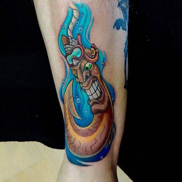 Worm Fish Hook Cartoon Style Mens Tattoo On Forearm