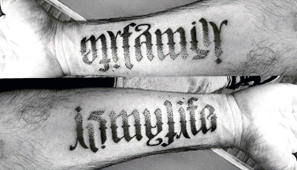 Wrist Ambigram Tattoo Of Family Is My Life For Men