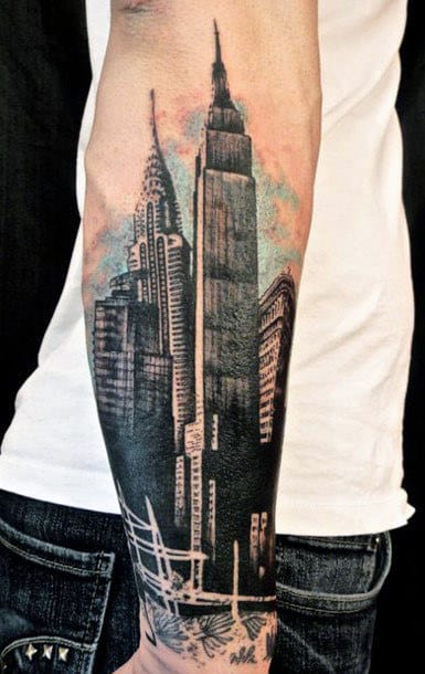 Wrist And Forearm Guys Watercolor Building Tattoo