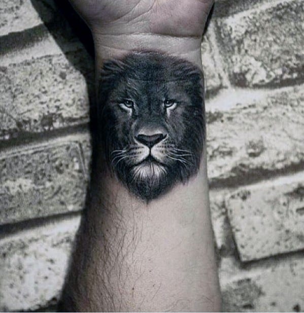 Wrist And Forearm Mens White And Grey Ink Lion Tattoos