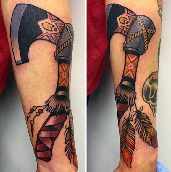 Wrist And Forearm Tomahawk Tattoo With Feathers For Guys