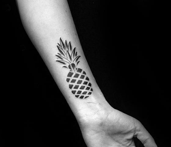 Wrist Black Ink Negative Space Mens Tattoo Ideas With Pineapple Design