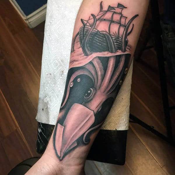 Wrist Black Underwater Squid Tattoo With Sailboat For Gentlemen