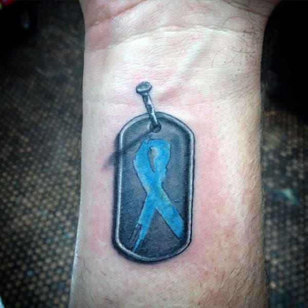Wrist Blue Ribbon Military Dog Tags Tattoos On Men