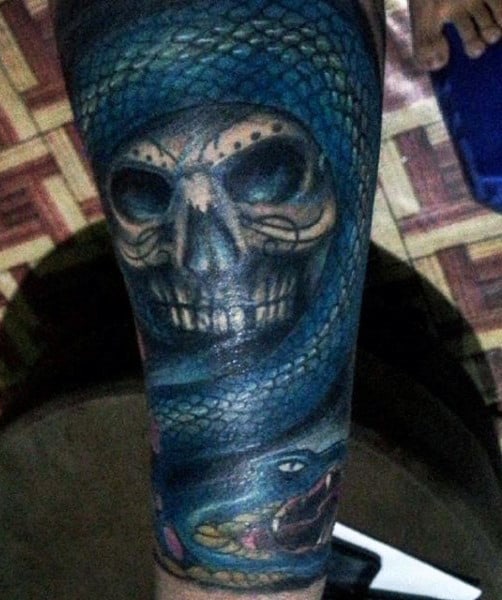 Wrist Blue Skull Snake Tattoo For Guys