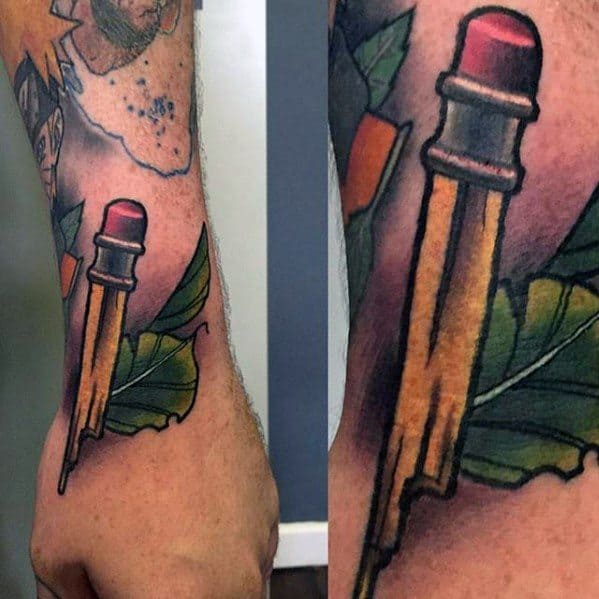 Tattoo of a lit matchstick entwined with green leaves, delicately inked to appear as though sketched by a pencil on the person's arm