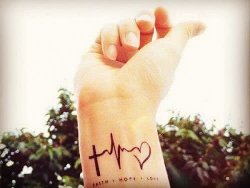 A wrist tattoo featuring a cross, heartbeat line, and heart, accompanied by the words "Faith Hope Love"