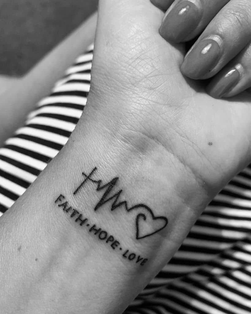 Black and white tattoo on wrist with cross, heartbeat, heart, and text "Faith Hope Love"