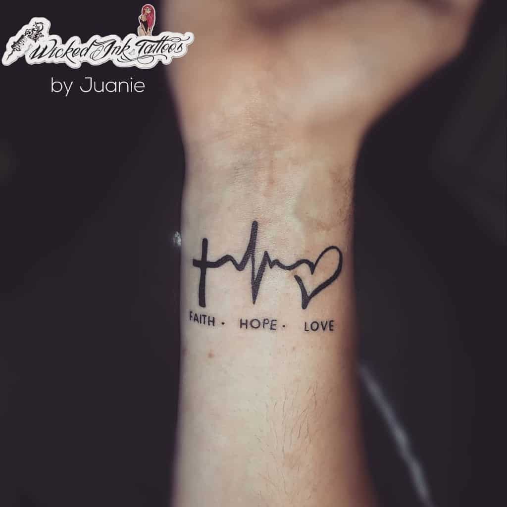 Tattoo of a cross, heartbeat line, and heart with "FAITH - HOPE - LOVE" text on a wrist