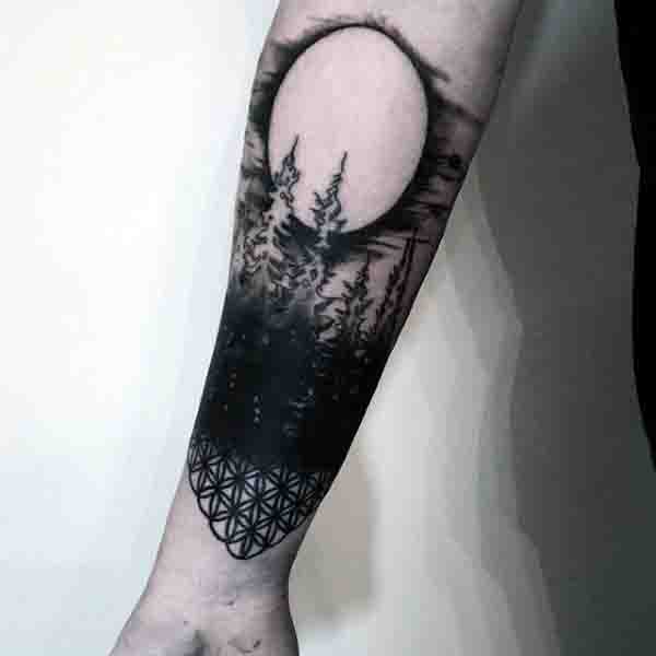 Wrist Geomtric Mens Moon Tattoo In Black Ink On Forearm