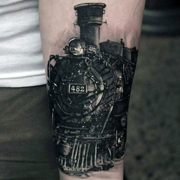 Wrist Male Train Tattoo In Black Ink