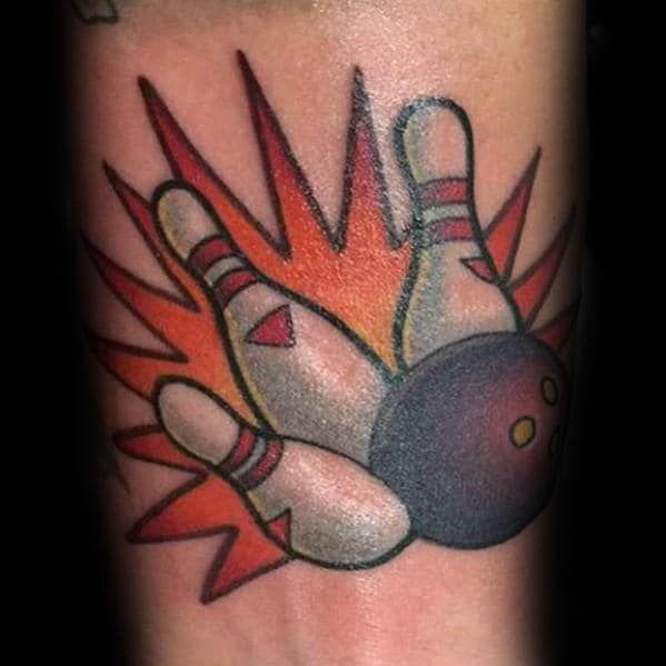 Wrist Mens Bowling Ball Hitting Pins Tattoo With Old School Design
