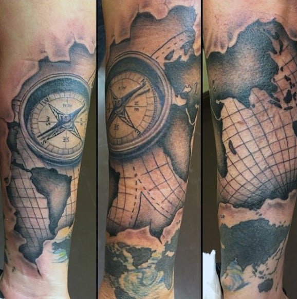 Wrist Mens Tattoo Of World Map And Compass