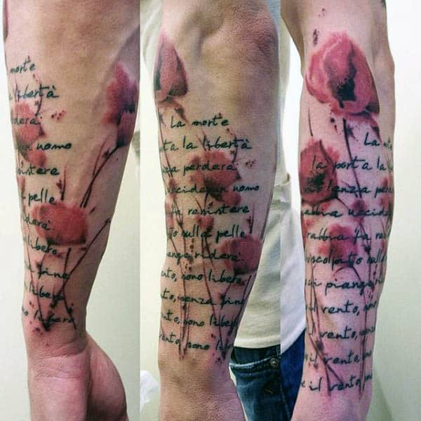 Wrist Rememberance Poppy With Quote Tattoo For Guys