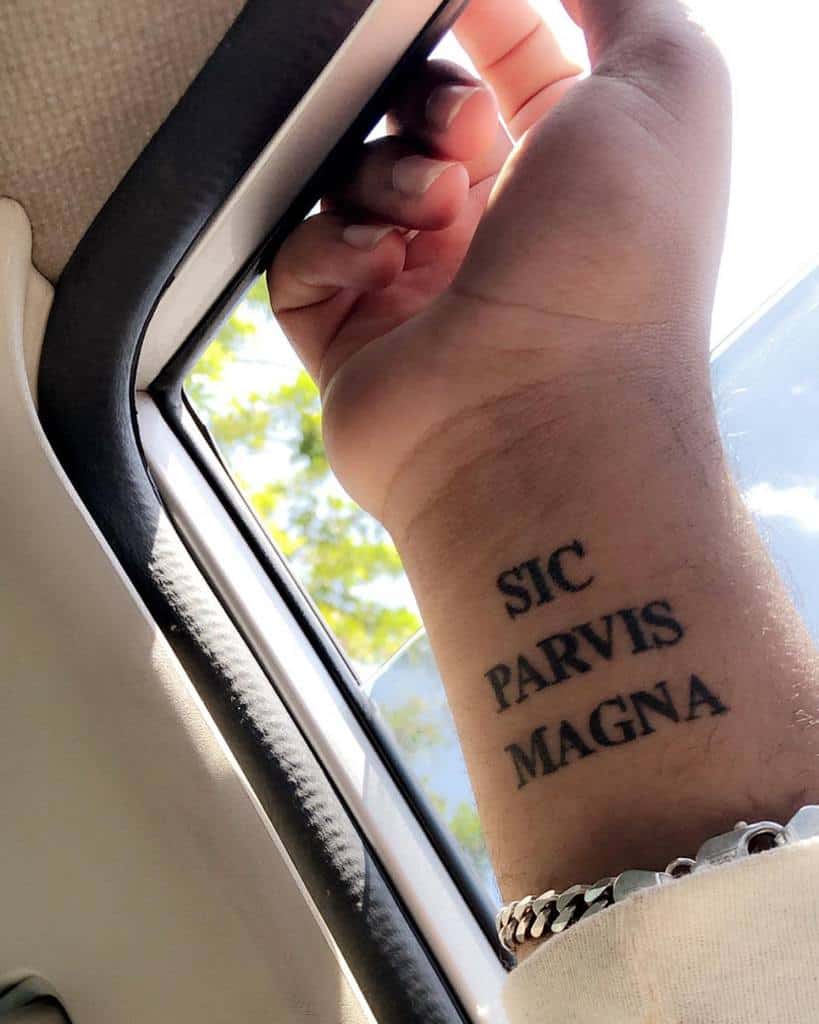 Tattooed wrist with "Sic Parvis Magna" text