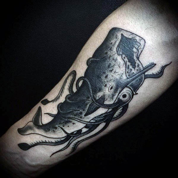 Wrist Squid And Whale Mens Tattoo In Black Ink