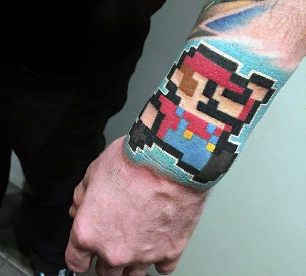Wrist Super Mario 8 Bit Male Tattoo With Pixel Design