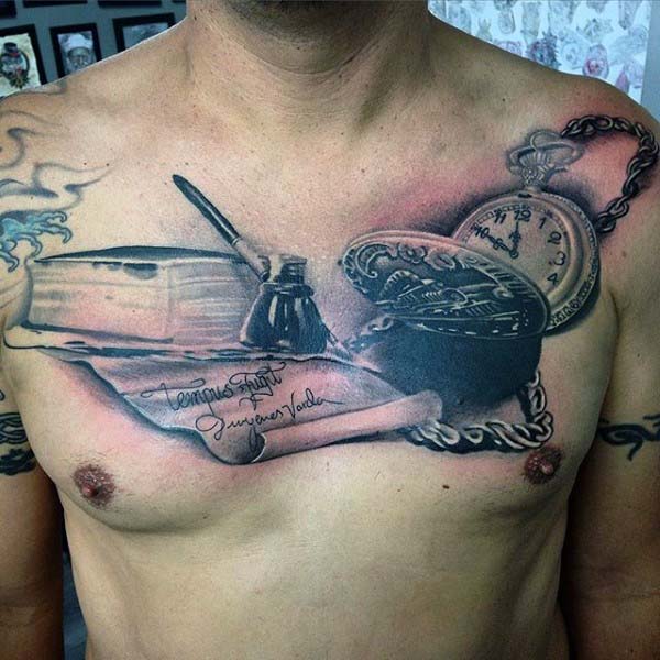 Writing Themed Pen And Ink Nice Mens Chest Tattoo With Realistic Design