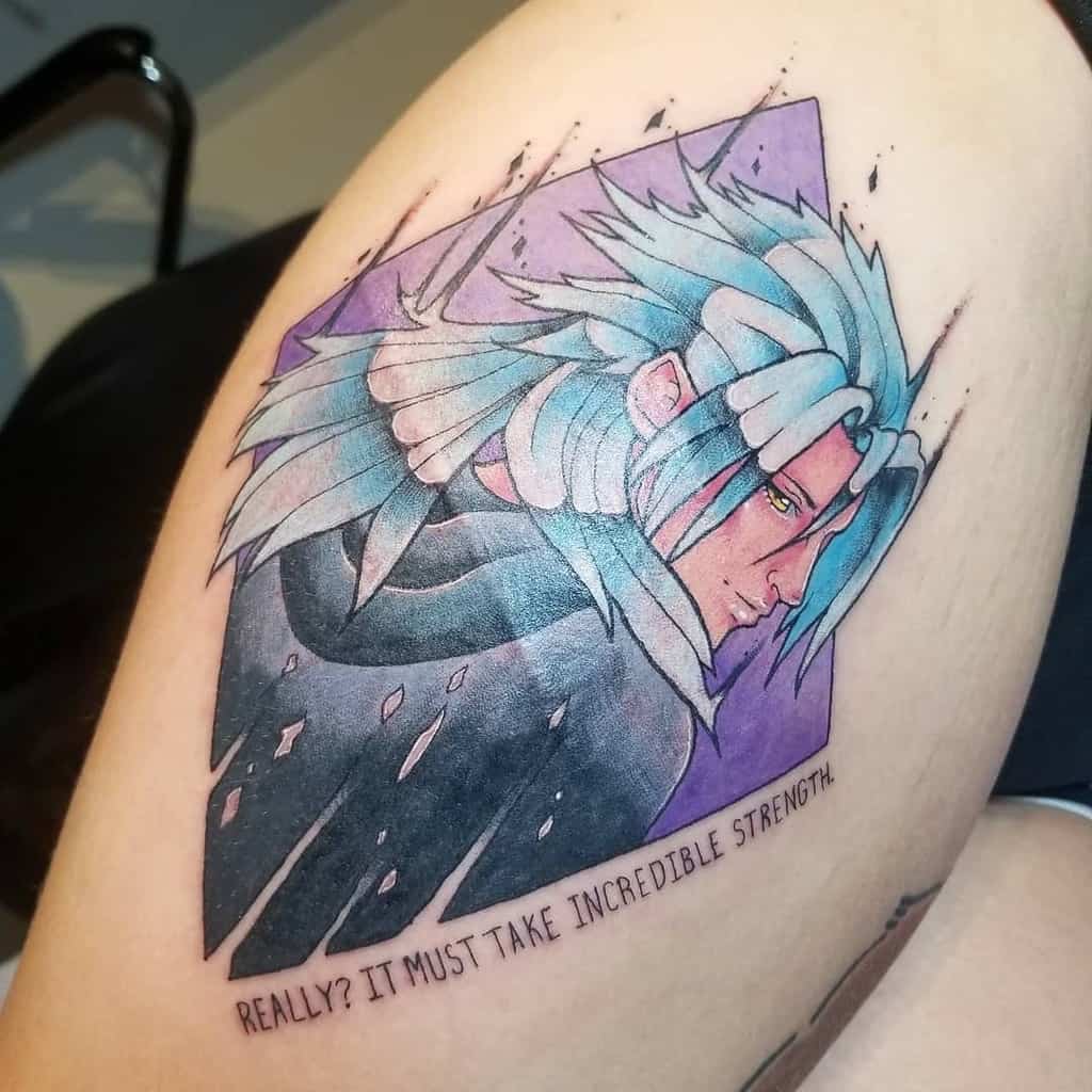 Kingdom Hearts tattoo of Saïx with flowing blue hair, a purple background, and the quote 'Really? It must take incredible strength' below.