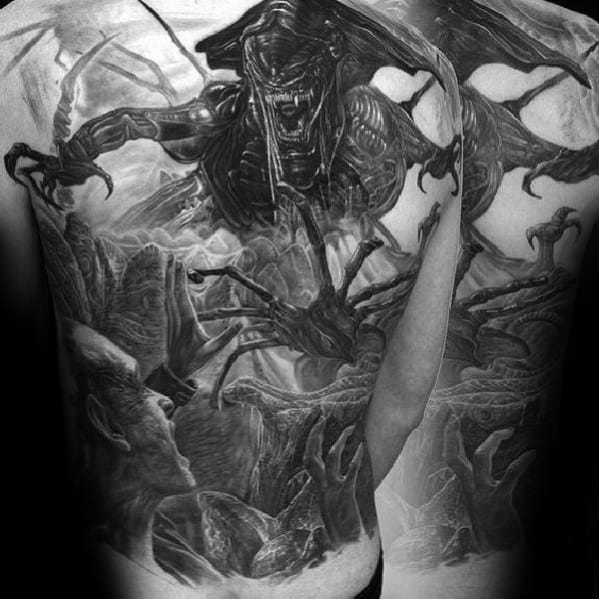 Epic black and grey full-back Xenomorph tattoo depicting an intense battle scene with the alien queen and multiple attacking creatures.