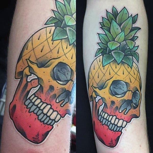 Yellow And Red Skull Pineapple Tattoo Designs For Males On Arm