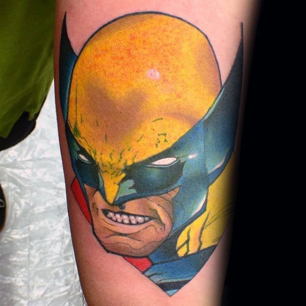 Yellow Blue And Red Guys Small Wolverine Forearm Tattoos