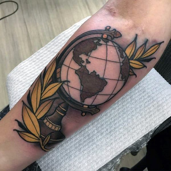 Yellow Branch With Globe Mens Neo Traditional Forearm Tattoos