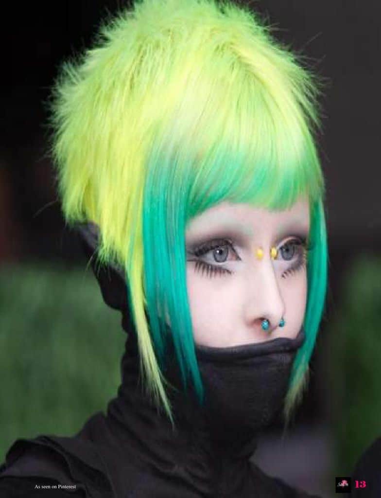 Cyberpunk cut with top hair shaded in yellow and front bangs shaded green