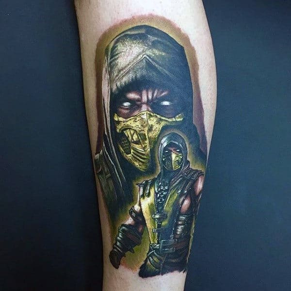Yellow Ink Mortal Kombat Scorpion Tattoo On Male
