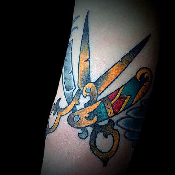 Yellow Mettalic Scissor And Straight Razor Tattoo Male Forearm