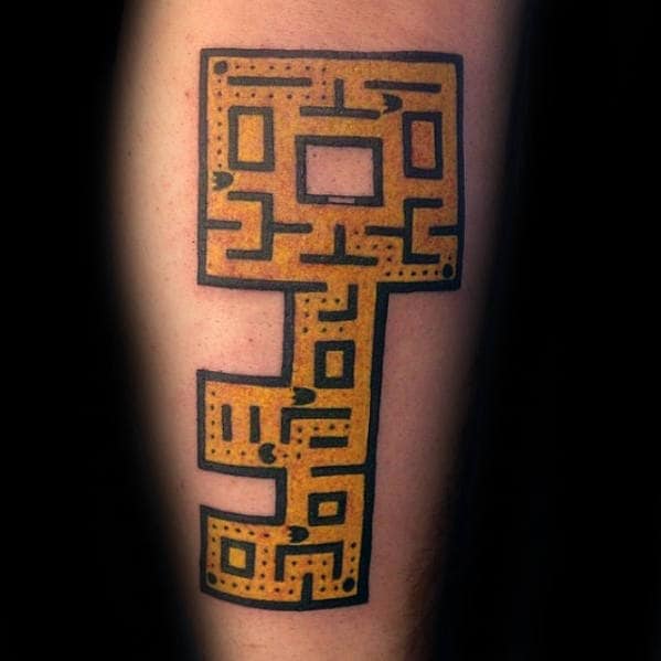 Yellow Pacman Maze Mens Arm Tattoo Design Ideas