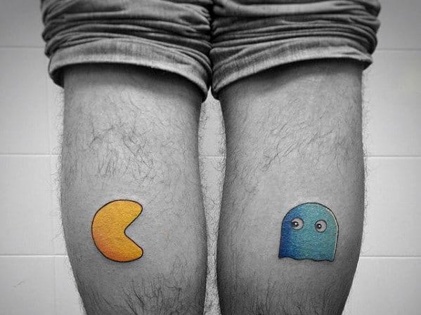 Yellow Pacman With Blue Ghost Mens Back Of Leg Calf Tattoos