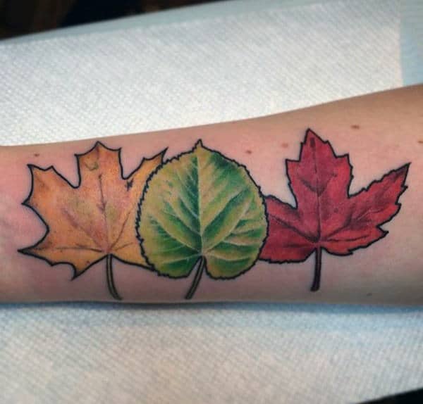 Yellow Red And Green Mens Fall Leaves Forearm Tattoo