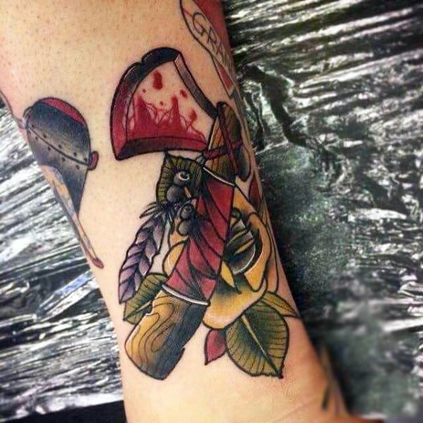 Yellow Rose Tomahawk Tattoo For Men