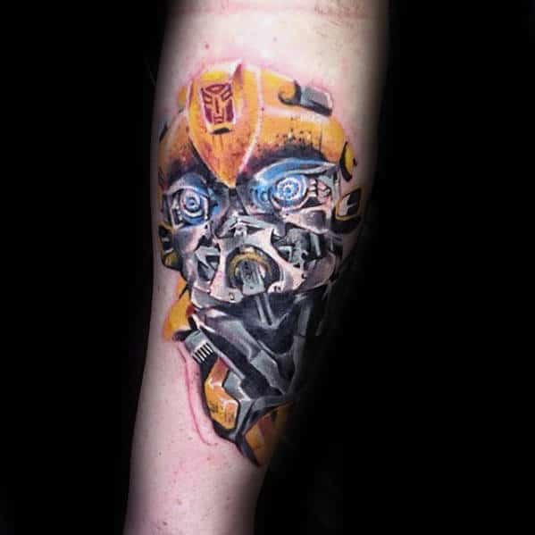 Yellow Transformers Bumblebee Guys Inner Forearm Tattoo