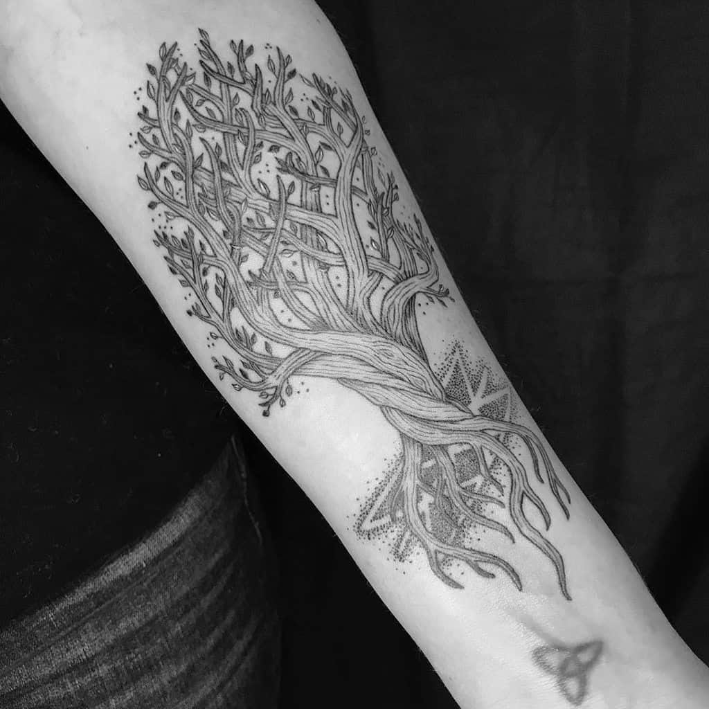 A Yggdrasil tattoo with intricate details, symbolizing the Norse world tree, wisdom, connection, and the cycle of life and destiny.