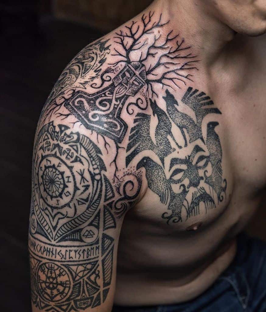 Norse tattoo sleeve with Mjölnir, Yggdrasil, Odin's face, and ravens, featuring intricate runes and Viking-inspired patterns.