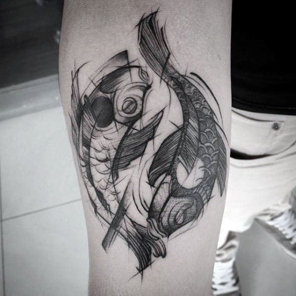 Yin Yang Koi Fish Mens Sketched Forearm Tattoo Designs