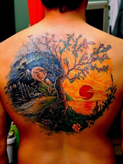 Yin Yang Sun Tattoo For Guys On Back
