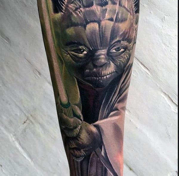 Yoda Green Glowing Lightsaber Forearm Sleeve Tattoos