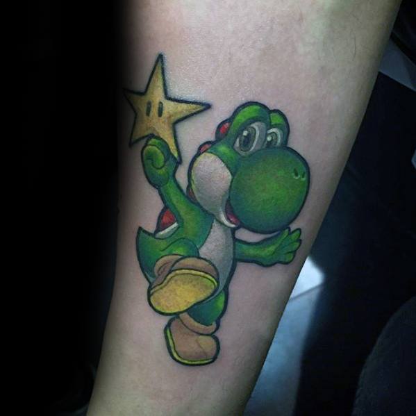Yoshi Holding Star Inner Forearm Tattoo Designs For Guys