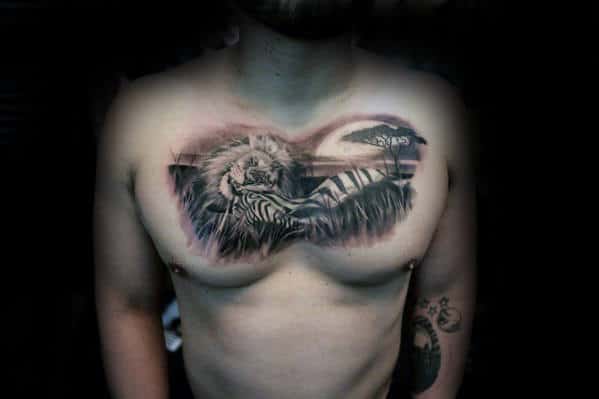 Zebra With Lion Mens Landscape Upper Chest Tattoos