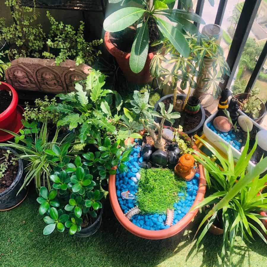 Zen balcony garden with potted plants, a small water feature, blue pebbles, and a Buddha statue.